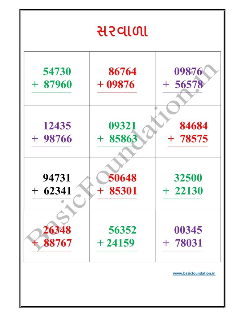 સરવાળા વર્કશીટ