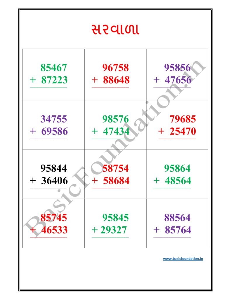 સરવાળા વર્કશીટ