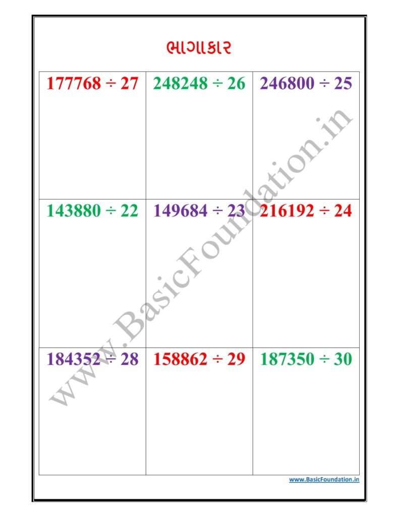 ભાગાકાર વર્કશીટ