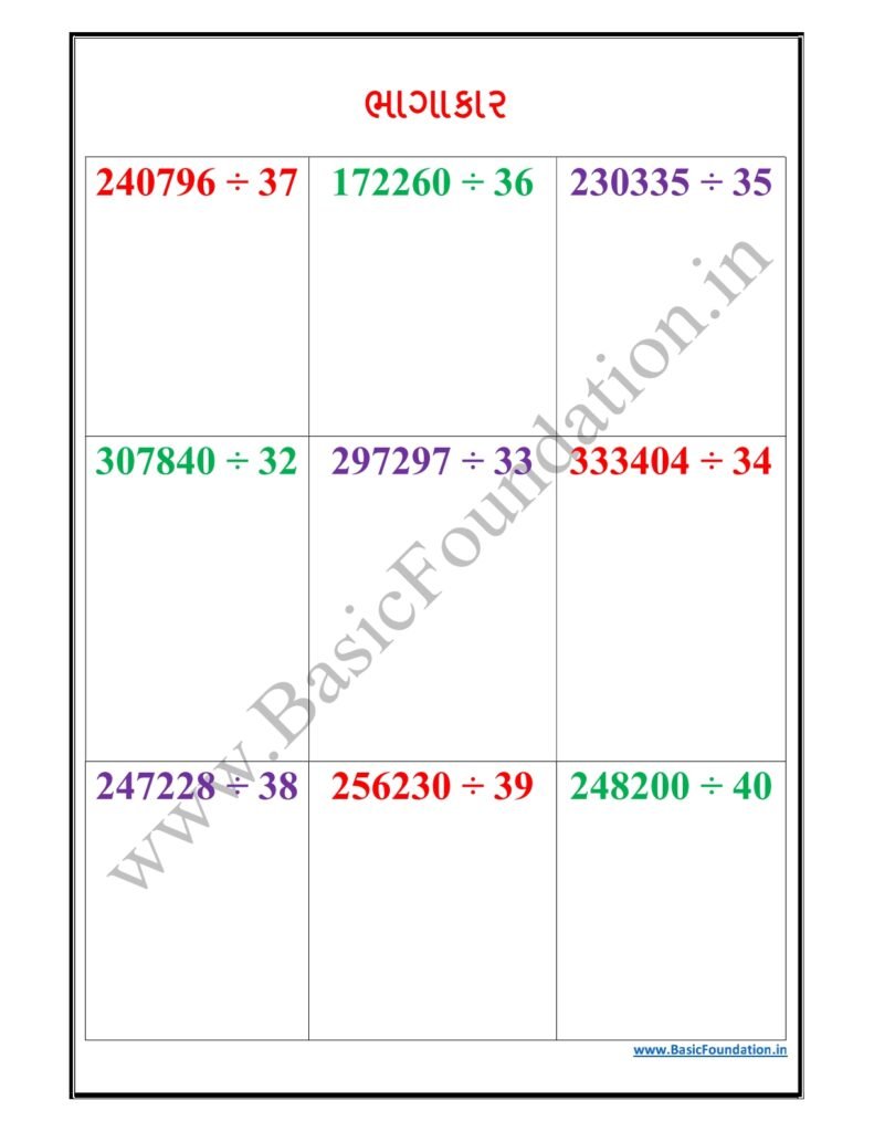 ભાગાકાર વર્કશીટ