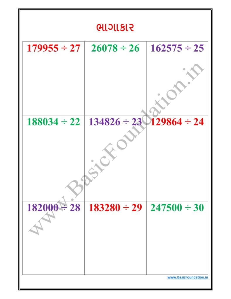 ભાગાકાર વર્કશીટ